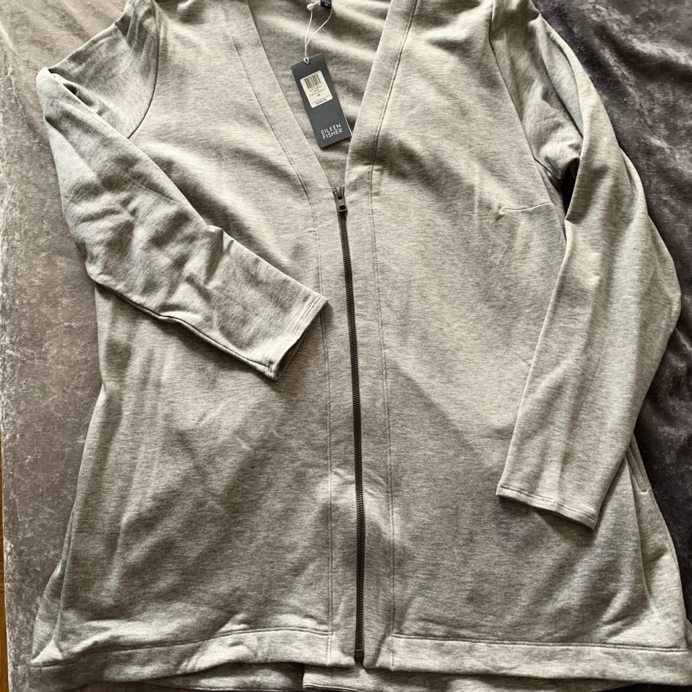 NWT Eileen Fisher Woman Light Gray V-Neck Cardigan Zip Sweatshirt Size 1X